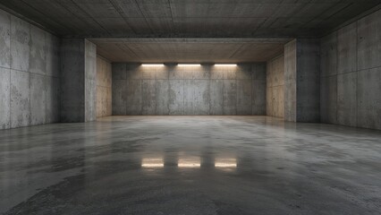 Fototapeta premium Empty concrete space with a minimalist design, featuring smooth floors and gray walls. Modern industrial interior with subtle lighting.