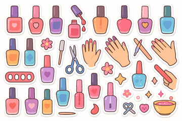 Colorful nail art stickers featuring nail polish bottles, tools, and manicured hands