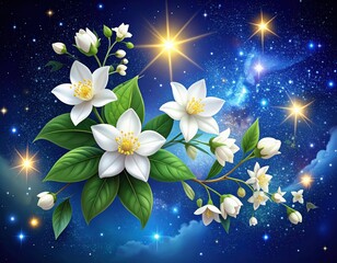 White jasmine flowers with green leaves set against a starry night sky filled with bright stars and cosmic elements