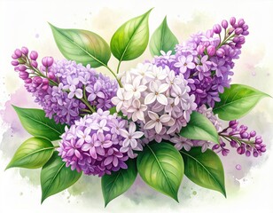 Vibrant Lilac Bouquet with Purple and White Flowers Surrounded by Green Leaves on Soft Watercolor Background