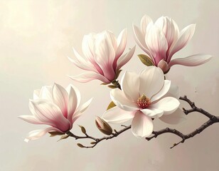 Beautiful magnolia flowers in bloom with delicate pink and white petals on a branch against a soft background