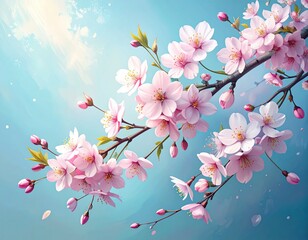 Cherry Blossom Branch with Pink Flowers Against a Soft Blue Sky Background in Spring Season