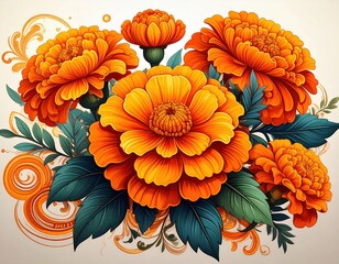Vibrant Arrangement of Orange Marigold Flowers with Green Leaves and Decorative Swirls