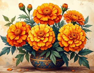 Vibrant Orange Marigold Flowers in Decorative Pot with Green Leaves and Buds