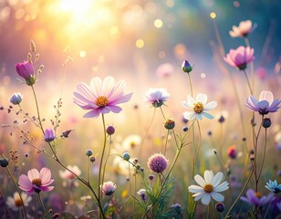 Beautiful vibrant wildflowers blooming in a sunlit meadow during sunrise with a dreamy bokeh background