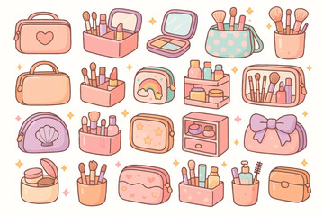 Cute pastel makeup bag collection with brushes and cosmetic accessories