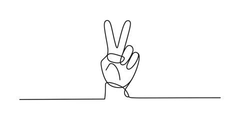 Continuous line drawing of a hand making a peace sign isolated on a white background Vector, illustration
