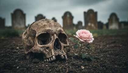 Human skull and pink rose, dark cemetery background, A symbolic illustration for Shakespeare's Hamlet