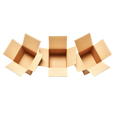 Obraz premium Three open cardboard boxes arranged in a horizontal line on transparent background