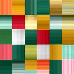 Colorful patterns create a vibrant design with various shapes and lines in squares on a flat surface