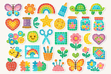 Fototapeta premium Colorful mosaic stickers with butterflies, flowers, and cute animals