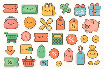 Cute shopping stickers with smiling faces in various retail-related shapes