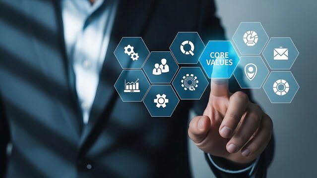 Businessman interacting with futuristic digital interface displaying various data analysis and technology icons in a professional setting with blue tones - Powered by Adobe