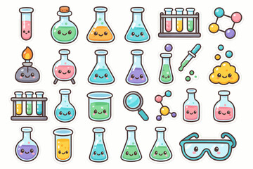 Cute cartoon chemistry stickers with smiling laboratory glassware and molecules