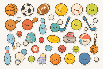 Cute kawaii sports stickers collection with smiling balls and equipment