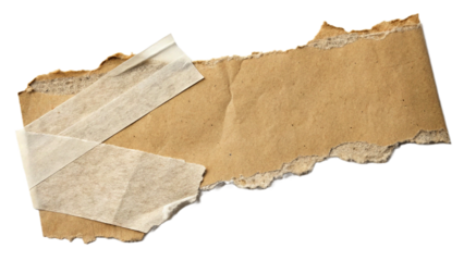Roughly torn paper distressed piece of brown paper with transparent tape isolated on a transparent background