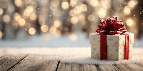 A beautifully wrapped Christmas gift box with a red ribbon placed on a snowy wooden table, soft golden holiday lights in the background, ultra-realistic detail.
