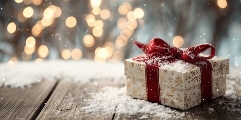 A beautifully wrapped Christmas gift box with a red ribbon placed on a snowy wooden table, soft golden holiday lights in the background, ultra-realistic detail.