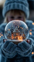 A child holding a glowing snow globe with a miniature Christmas village inside, magical sparkles floating.