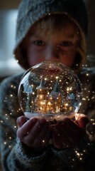 A child holding a glowing snow globe with a miniature Christmas village inside, magical sparkles floating.