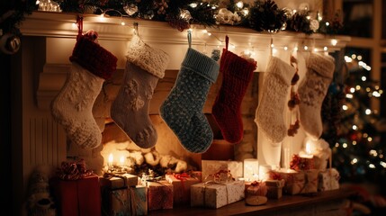 A decorated fireplace with hanging stockings and neatly arranged Christmas gifts below, cozy warm-tone lighting.
