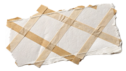Roughly torn paper Crisscross brown paper tape on a piece of white torn paper isolated on transparent background