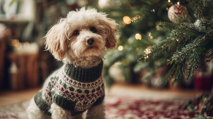 A fluffy dog ​​wearing a tiny Christmas sweater sits beside the Christmas tree on Christmas Eve. The atmosphere inside the house is warm and charming.