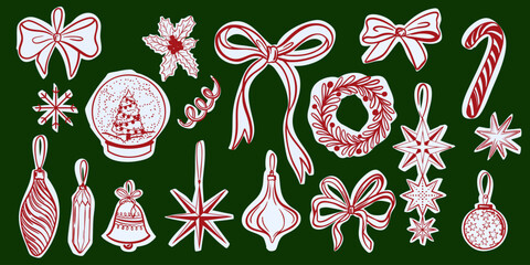 Hand drawn Christmas clipart set with bows, toy, ornaments, snowflake, star, and decorations. Vector illustration.