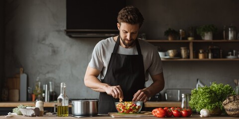 A man cooking a healthy meal in a modern kitchen, representing balance, self-care, and modern masculinity.