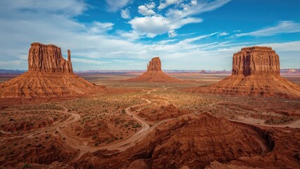 Aerial view of Monument Valley with distinctive sandstone buttes, desert landscape, and a partly cloudy sky. Iconic American Southwest scenery.