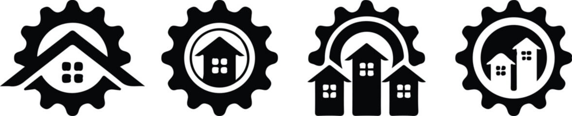 gear house black icons set vector four set illustration design art 