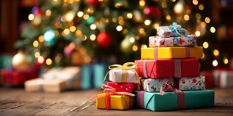 A stack of colorful Christmas gifts arranged under a decorated Christmas tree, glowing ornaments and natural shadows for a realistic holiday mood.