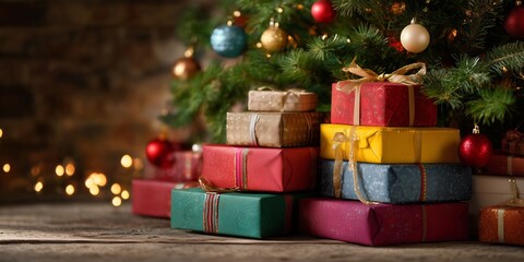A stack of colorful Christmas gifts arranged under a decorated Christmas tree, glowing ornaments and natural shadows for a realistic holiday mood.