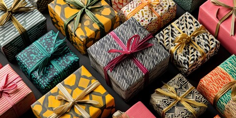 Aerial shot of multiple Christmas gifts arranged in a geometric layout, colorful wrapping paper creating a modern festive pattern.