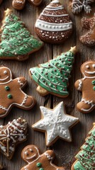 Christmas cookies shaped like stars, trees, and gingerbread men placed neatly on a wooden background, macro detail.
