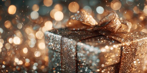 Close-up of a Christmas gift with shimmering foil wrapping, reflections of holiday lights creating a magical sparkling effect.
