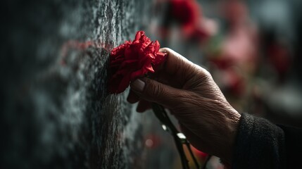 A close-up image of a hand placing red flowers at the memorial.