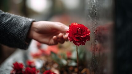 A close-up image of a hand placing red flowers at the memorial.