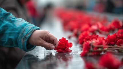 Close-up of a hand placing a red flower at a memorial for 10 Kasım, shallow depth of field.