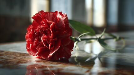 Close-up of a red carnation placed on a marble memorial surface on 10 Kasım, dramatic natural light.
