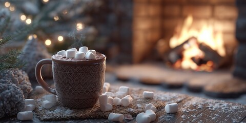 Hot cocoa with marshmallows next to a lit fireplace on Christmas Eve, cozy winter atmosphere with realistic textures.
