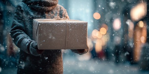 Person holding a large Christmas gift while snow gently falls, cinematic winter atmosphere with shallow depth of field.