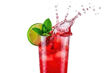 Vibrant red beverage splashes dynamically from a tall glass garnished with citrus and herbs