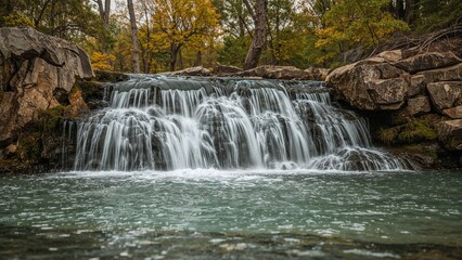 Fototapeta premium A waterfall flowing over rocks in a forested area during autumn.