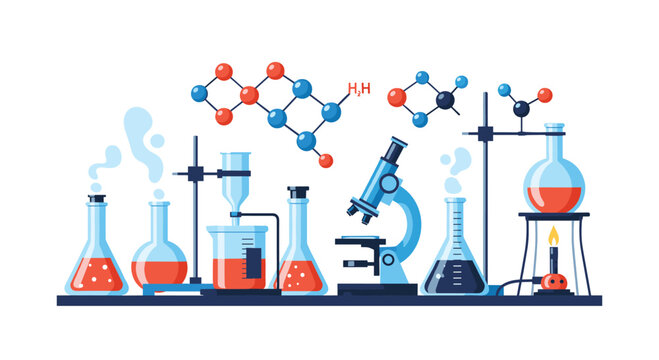 Various chemistry laboratory instruments and molecular structures arranged on a lab bench, illustrating scientific concepts.