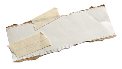 Roughly torn paper piece of vintage paper with torn edges and two strips of masking tape isolated on a transparent background