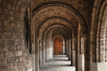 Old wooden door in arched corridor of historic building