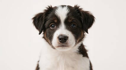 Cute black and white puppy with blue eyes, close-up portrait with a neutral background.