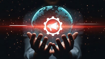 A futuristic person cradling a glowing blue and red orb with a gear like symbol