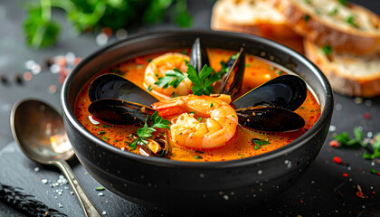 seafood soup with shrimp and mussels, rich aromatic broth, bright colors, appetizing restaurant style